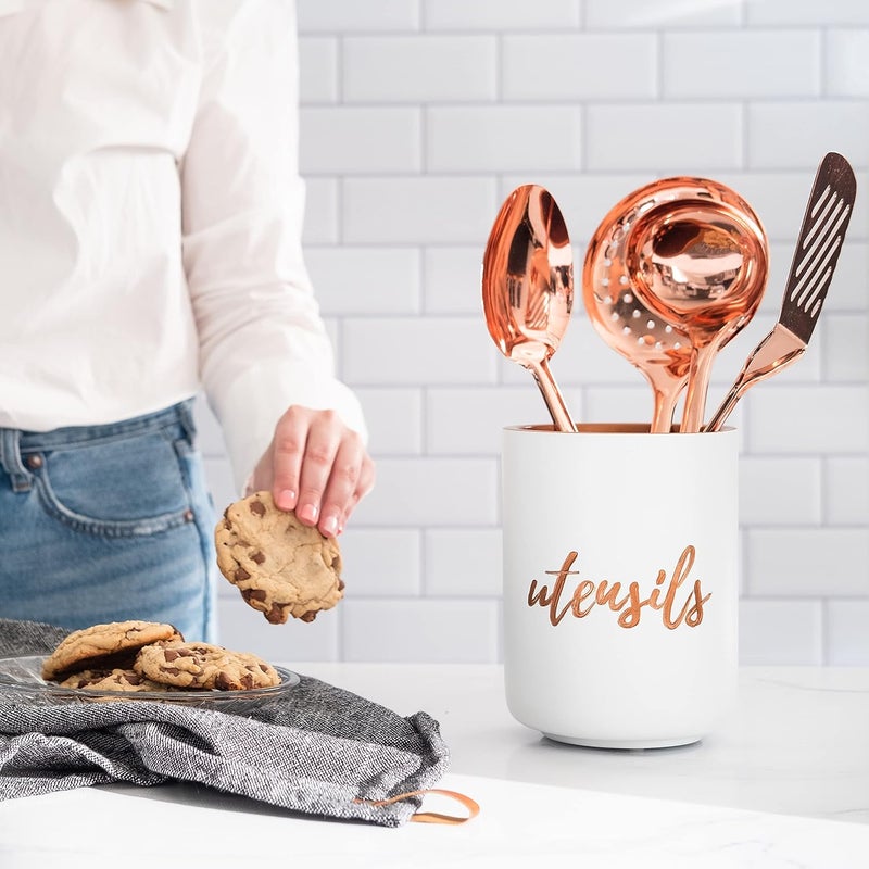 styled settings White Ceramic Utensil Holder with Interior Copper Finish - Large and Sturdy Spatula Holder - Rose Gold Kitchen Accessories, Stylish Countertop Utensil Organizer - Image 2